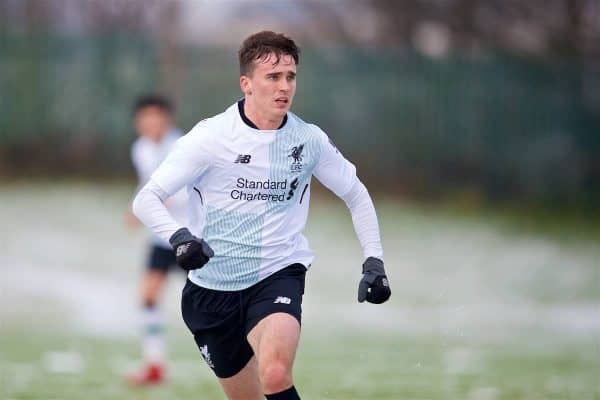 MANCHESTER, ENGLAND - Saturday, December 9, 2017: Liverpool's Liam Millar during an Under-18 FA Premier League match between Manchester United and Liverpool FC at the Cliff Training Ground. (Pic by David Rawcliffe/Propaganda)