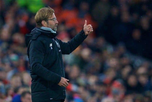 LIVERPOOL, ENGLAND - Sunday, December 10, 2017: Liverpool's manager J¸rgen Klopp reacts during the FA Premier League match between Liverpool and Everton, the 229th Merseyside Derby, at Anfield. (Pic by David Rawcliffe/Propaganda)