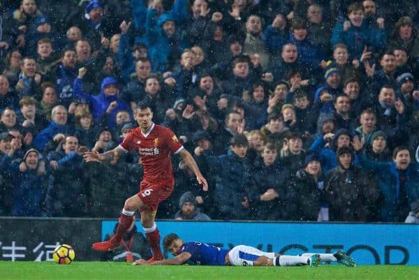 LIVERPOOL, ENGLAND - Sunday, December 10, 2017: Everton supporters appeal for a penalty as Dominic Calvert-Lewin is pushed over by Liverpool's Dejan Lovren during the FA Premier League match between Liverpool and Everton, the 229th Merseyside Derby, at Anfield. (Pic by David Rawcliffe/Propaganda)