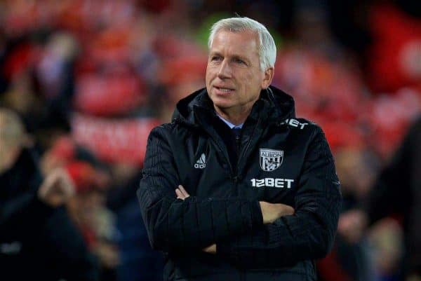 LIVERPOOL, ENGLAND - Wednesday, December 13, 2017: West Bromwich Albion's manager Alan Pardew during the FA Premier League match between Liverpool and West Bromwich Albion at Anfield. (Pic by David Rawcliffe/Propaganda)