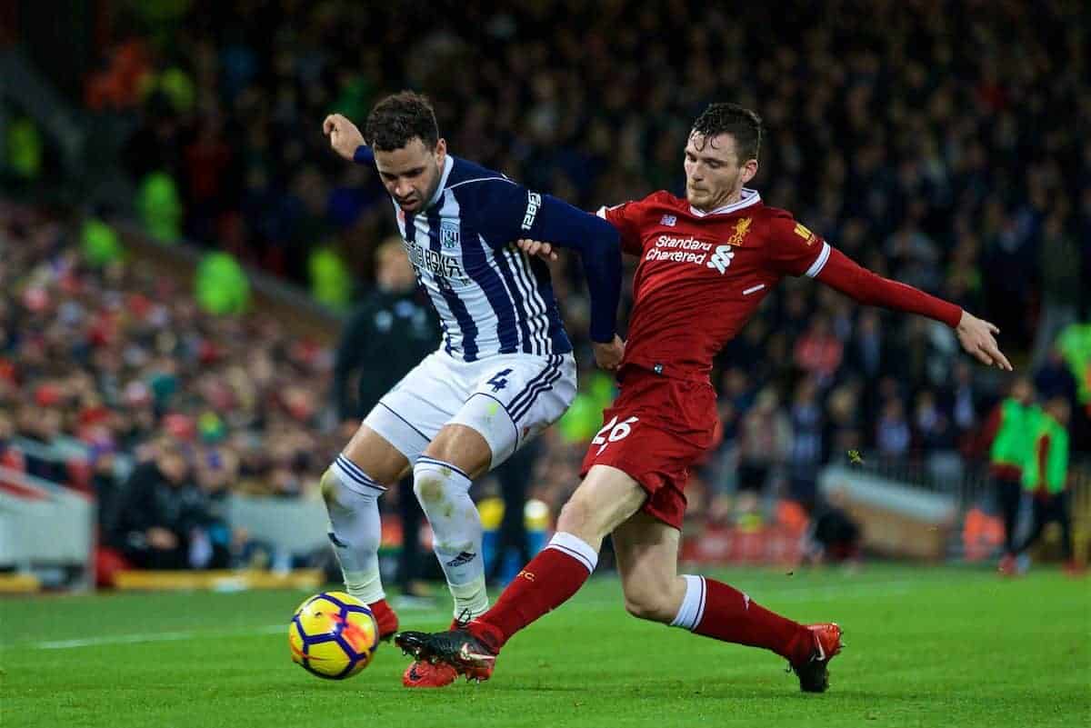 LIVERPOOL, ENGLAND - Wednesday, December 13, 2017: Liverpool's Andy Robertson and West Bromwich Albion's Hal Robson-Kanu during the FA Premier League match between Liverpool and West Bromwich Albion at Anfield. (Pic by David Rawcliffe/Propaganda)