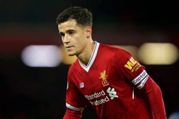 LIVERPOOL, ENGLAND - Wednesday, December 13, 2017: Liverpool's captain Philippe Coutinho Correia during the FA Premier League match between Liverpool and West Bromwich Albion at Anfield. (Pic by David Rawcliffe/Propaganda)