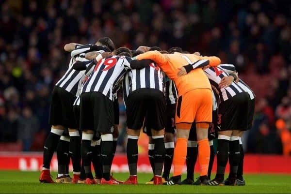 LONDON, ENGLAND - Friday, December 15, 2017: Newcastle United's players form a pre-match huddle during the FA Premier League match between Arsenal and Newcastle United at the Emirates Stadium. (Pic by David Rawcliffe/Propaganda)