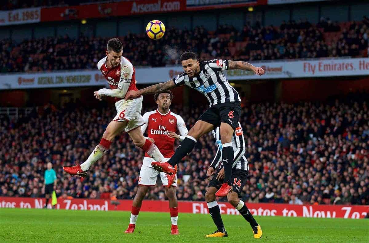 LONDON, ENGLAND - Friday, December 15, 2017: Arsenal's Laurent Koscielny and Newcastle United's captain Jamaal Lascelles during the FA Premier League match between Arsenal and Newcastle United at the Emirates Stadium. (Pic by David Rawcliffe/Propaganda)