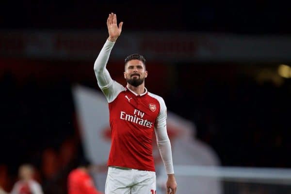 LONDON, ENGLAND - Friday, December 15, 2017: Arsenal's Oliver Giroud waves to the supporters after the FA Premier League match between Arsenal and Newcastle United at the Emirates Stadium. (Pic by David Rawcliffe/Propaganda)