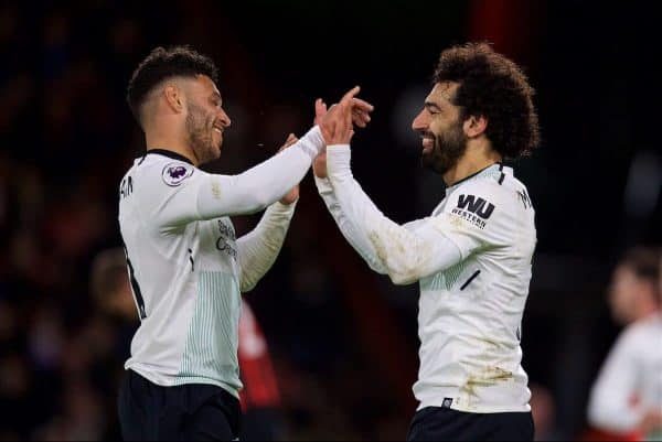 BOURNEMOUTH, ENGLAND - Sunday, December 17, 2017: Liverpool's Mohamed Salah celebrates scoring the third goal with team-mate Alex Oxlade-Chamberlain during the FA Premier League match between AFC Bournemouth and Liverpool at the Vitality Stadium. (Pic by David Rawcliffe/Propaganda)