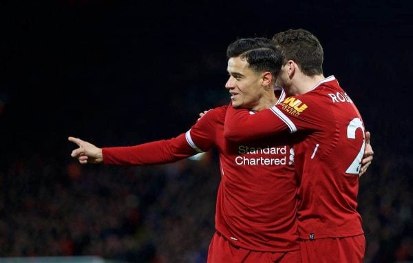 LIVERPOOL, ENGLAND - Boxing Day, Tuesday, December 26, 2017: Liverpool's Philippe Coutinho Correia celebrates scoring the first goal during the FA Premier League match between Liverpool and Swansea City at Anfield. (Pic by David Rawcliffe/Propaganda)