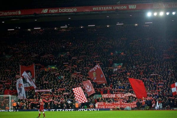 LIVERPOOL, ENGLAND - Boxing Day, Tuesday, December 26, 2017: Liverpool supporters on the Spion Kop before the FA Premier League match between Liverpool and Swansea City at Anfield. (Pic by David Rawcliffe/Propaganda)