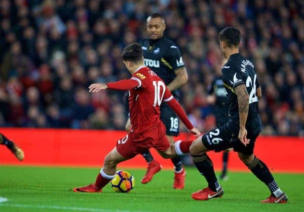 LIVERPOOL, ENGLAND - Boxing Day, Tuesday, December 26, 2017: Liverpool's Philippe Coutinho Correia scores the first goal during the FA Premier League match between Liverpool and Swansea City at Anfield. (Pic by David Rawcliffe/Propaganda)