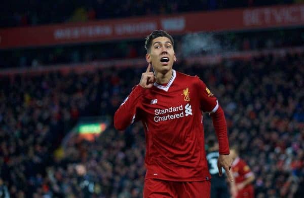 LIVERPOOL, ENGLAND - Boxing Day, Tuesday, December 26, 2017: Liverpool's Roberto Firmino celebrates scoring the second goal during the FA Premier League match between Liverpool and Swansea City at Anfield. (Pic by David Rawcliffe/Propaganda)