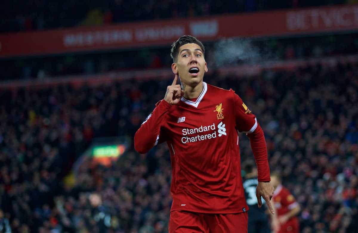 LIVERPOOL, ENGLAND - Boxing Day, Tuesday, December 26, 2017: Liverpool's Roberto Firmino celebrates scoring the second goal during the FA Premier League match between Liverpool and Swansea City at Anfield. (Pic by David Rawcliffe/Propaganda)