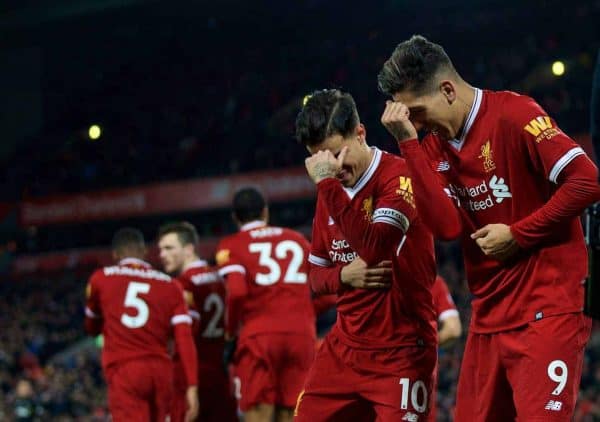 LIVERPOOL, ENGLAND - Boxing Day, Tuesday, December 26, 2017: Liverpool's Roberto Firmino celebrates scoring the second goal with team-mate Philippe Coutinho Correia during the FA Premier League match between Liverpool and Swansea City at Anfield. (Pic by David Rawcliffe/Propaganda)