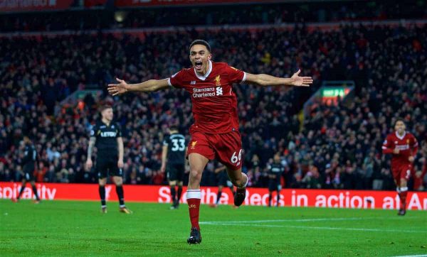 LIVERPOOL, ENGLAND - Boxing Day, Tuesday, December 26, 2017: Liverpool's Trent Alexander-Arnold celebrates scoring the third goal during the FA Premier League match between Liverpool and Swansea City at Anfield. (Pic by David Rawcliffe/Propaganda)