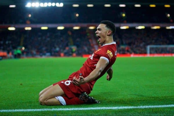 LIVERPOOL, ENGLAND - Boxing Day, Tuesday, December 26, 2017: Liverpool's Trent Alexander-Arnold celebrates scoring the third goal during the FA Premier League match between Liverpool and Swansea City at Anfield. (Pic by David Rawcliffe/Propaganda)