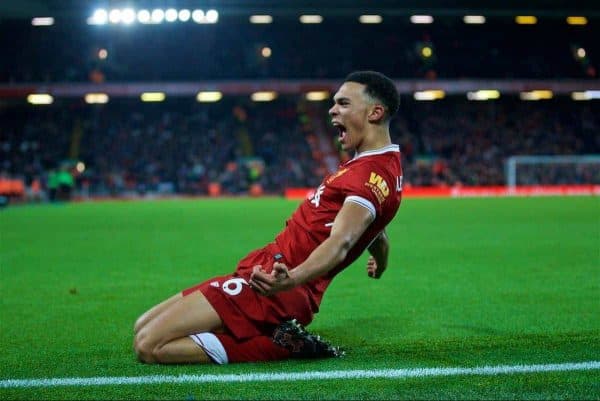 

LIVERPOOL, ENGLAND - Boxing Day, Tuesday, December 26, 2017: Liverpool's Trent Alexander-Arnold celebrates scoring the third goal during the FA Premier League match between Liverpool and Swansea City at Anfield. (Pic by David Rawcliffe/Propaganda)