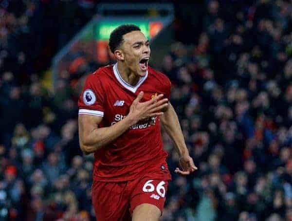 LIVERPOOL, ENGLAND - Boxing Day, Tuesday, December 26, 2017: Liverpool's Trent Alexander-Arnold celebrates scoring the third goal during the FA Premier League match between Liverpool and Swansea City at Anfield. (Pic by David Rawcliffe/Propaganda)