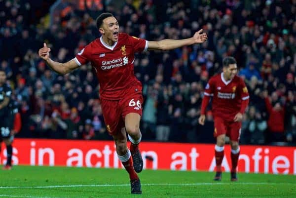 LIVERPOOL, ENGLAND - Boxing Day, Tuesday, December 26, 2017: Liverpool's Trent Alexander-Arnold celebrates scoring the third goal during the FA Premier League match between Liverpool and Swansea City at Anfield. (Pic by David Rawcliffe/Propaganda)