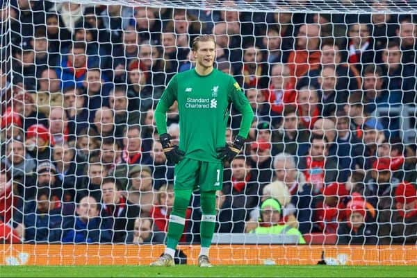 LIVERPOOL, ENGLAND - Saturday, December 30, 2017: Liverpool's goalkeeper Loris Karius looks dejected as Leicester City score the opening goal during the FA Premier League match between Liverpool and Leicester City at Anfield. (Pic by David Rawcliffe/Propaganda)