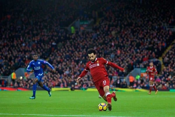 LIVERPOOL, ENGLAND - Saturday, December 30, 2017: Liverpool's Mohamed Salah during the FA Premier League match between Liverpool and Leicester City at Anfield. (Pic by David Rawcliffe/Propaganda)