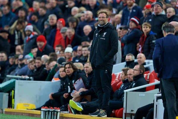 LIVERPOOL, ENGLAND - Saturday, December 30, 2017: Liverpool's manager Jürgen Klopp reacts with a smile as his side are denied a blatant penalty during the FA Premier League match between Liverpool and Leicester City at Anfield. (Pic by David Rawcliffe/Propaganda)