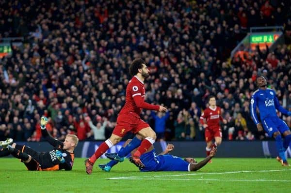 LIVERPOOL, ENGLAND - Saturday, December 30, 2017: Liverpool's Mohamed Salah celebrates scoring the second goal during the FA Premier League match between Liverpool and Leicester City at Anfield. (Pic by David Rawcliffe/Propaganda)