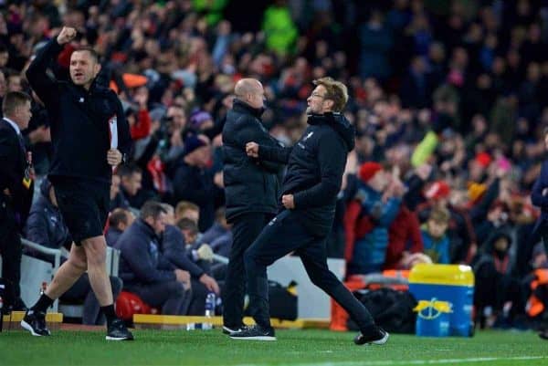 LIVERPOOL, ENGLAND - Saturday, December 30, 2017: Liverpool's manager J¸rgen Klopp celebrates after the 2-1 victory over Leicester City during the FA Premier League match between Liverpool and Leicester City at Anfield. (Pic by David Rawcliffe/Propaganda)