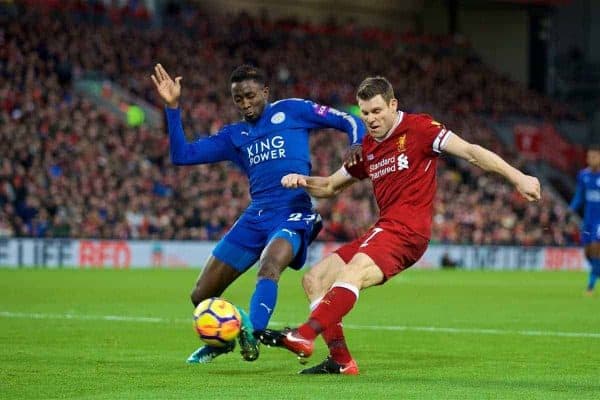 LIVERPOOL, ENGLAND - Saturday, December 30, 2017: Liverpool's James Milner and Leicester City's Wilfred Ndidi during the FA Premier League match between Liverpool and Leicester City at Anfield. (Pic by David Rawcliffe/Propaganda)