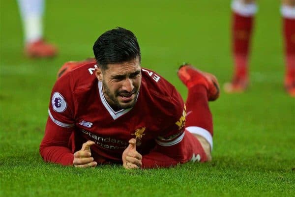 SWANSEA, WALES - Monday, January 22, 2018: Liverpool's captain Emre Can looks dejected after missing a chance during the FA Premier League match between Swansea City FC and Liverpool FC at the Liberty Stadium. (Pic by David Rawcliffe/Propaganda)