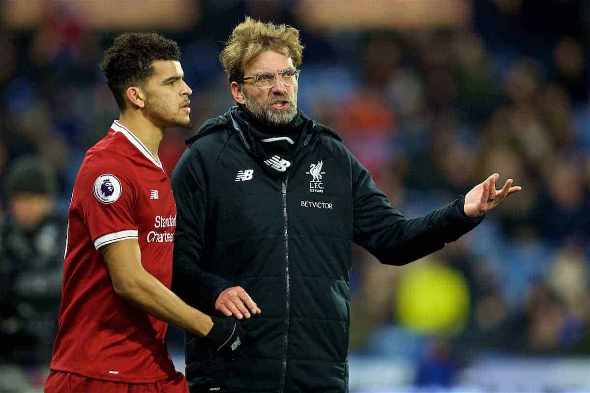 HUDDERSFIELD, ENGLAND - Tuesday, January 30, 2018: Liverpool's manager Jürgen Klopp and substitute Dominic Solanke during the FA Premier League match between Huddersfield Town FC and Liverpool FC at the John Smith's Stadium. (Pic by David Rawcliffe/Propaganda)