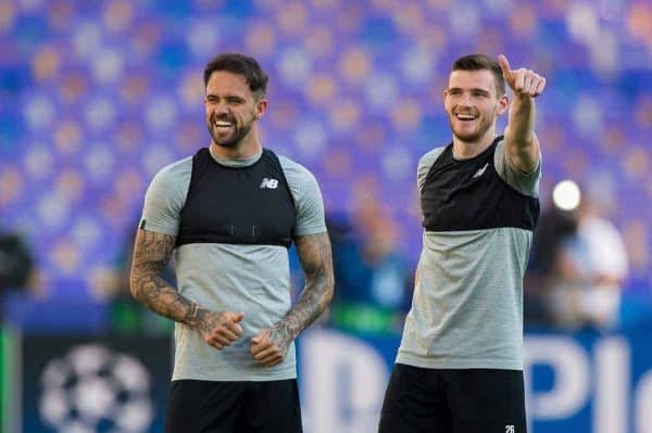 KIEV, UKRAINE - Friday, May 25, 2018: Liverpoolís Danny Ings and Andrew Robertson during a training session at the NSC Olimpiyskiy ahead of the UEFA Champions League Final match between Real Madrid CF and Liverpool FC. (Pic by Peter Powell/Propaganda)