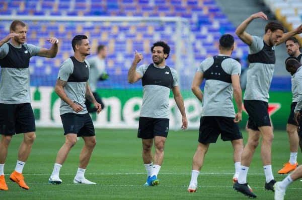 KIEV, UKRAINE - Friday, May 25, 2018: Liverpoolís Dejan Lovren with Mohamed Salah during a training session at the NSC Olimpiyskiy ahead of the UEFA Champions League Final match between Real Madrid CF and Liverpool FC. (Pic by Peter Powell/Propaganda)