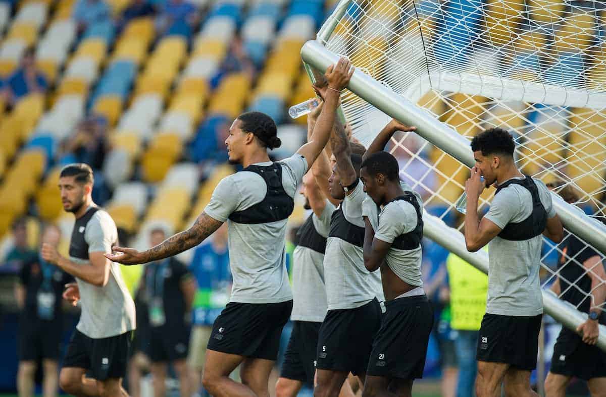 KIEV, UKRAINE - Friday, May 25, 2018: Liverpoolís players lead by Virgil van Dijk help lift and move a goal during a training session at the NSC Olimpiyskiy ahead of the UEFA Champions League Final match between Real Madrid CF and Liverpool FC. (Pic by Peter Powell/Propaganda)