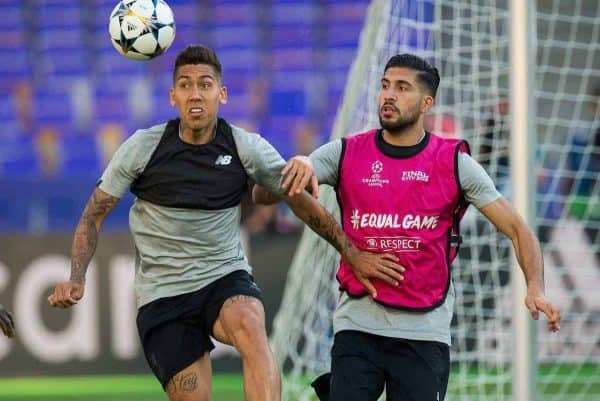 KIEV, UKRAINE - Friday, May 25, 2018: Liverpool’s Roberto Firmino in action with Emre Can during a training session at the NSC Olimpiyskiy ahead of the UEFA Champions League Final match between Real Madrid CF and Liverpool FC. (Pic by Peter Powell/Propaganda)