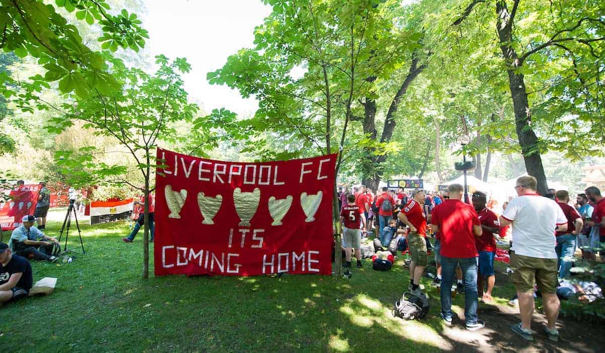 KIEV, UKRAINE - Saturday, May 26, 2018: Liverpool fans place flag and banners around Shevchenko Park ahead of the UEFA Champions League Final match between Real Madrid CF and Liverpool FC. (Pic by Peter Powell/Propaganda)