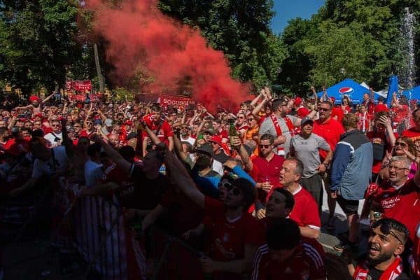 KIEV, UKRAINE - Saturday, May 26, 2018: Liverpool fans place flag and banners around Shevchenko Park ahead of the UEFA Champions League Final match between Real Madrid CF and Liverpool FC. (Pic by Peter Powell/Propaganda)