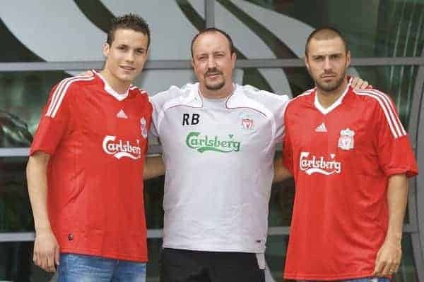 LIVERPOOL, ENGLAND - Thursday, July 10, 2008: Liverpool's two new signings Andrea Dossena (R) and Philipp Degen (L) with manager Rafael Benitez at the club's Melwood Training Ground. Dossena signed from Italian club Udinese and Degen from German side Borussia Dortmund. (Photo by David Rawcliffe/Propaganda)