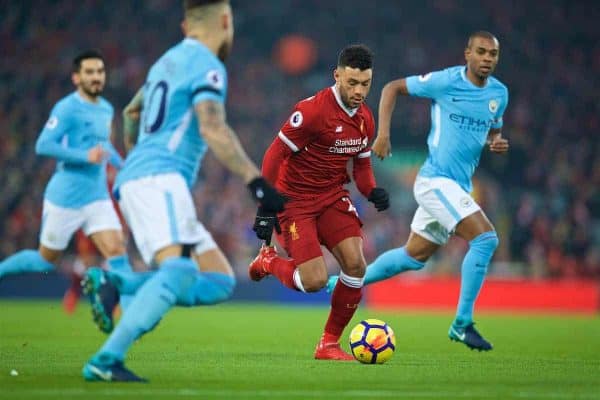 LIVERPOOL, ENGLAND - Sunday, January 14, 2018: Liverpool's Alex Oxlade-Chamberlain on his run towards scoring the opening goal during the FA Premier League match between Liverpool and Manchester City at Anfield. (Pic by David Rawcliffe/Propaganda)