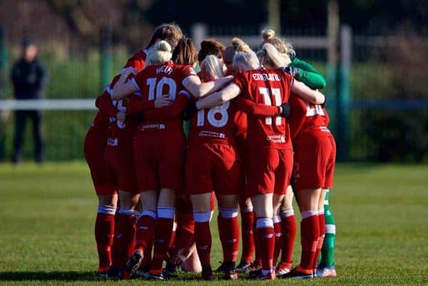 LIVERPOOL, ENGLAND - Sunday, February 4, 2018: Liverpool players form a pre-match huddle during the Women's FA Cup 4th Round match between Liverpool FC Ladies and Watford FC Ladies at Walton Hall Park. (Pic by David Rawcliffe/Propaganda)