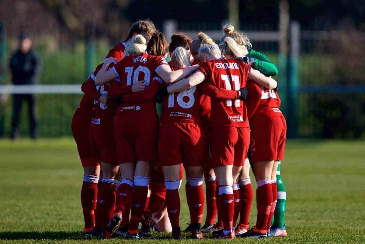 LIVERPOOL, ENGLAND - Sunday, February 4, 2018: Liverpool players form a pre-match huddle during the Women's FA Cup 4th Round match between Liverpool FC Ladies and Watford FC Ladies at Walton Hall Park. (Pic by David Rawcliffe/Propaganda)