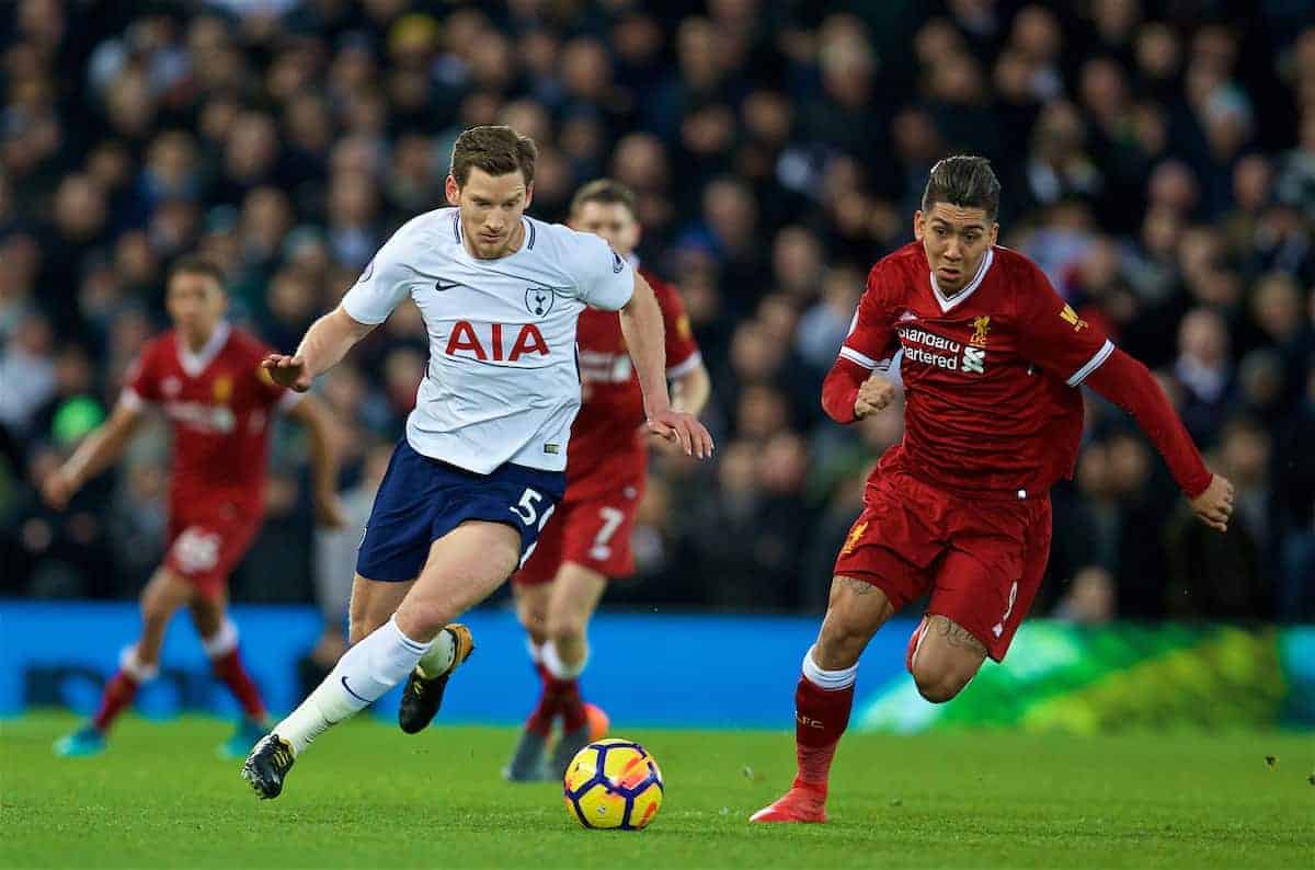 LIVERPOOL, ENGLAND - Sunday, February 4, 2018: Tottenham Hotspur's Jan Vertonghen and Liverpool's Roberto Firmino during the FA Premier League match between Liverpool FC and Tottenham Hotspur FC at Anfield. (Pic by David Rawcliffe/Propaganda)