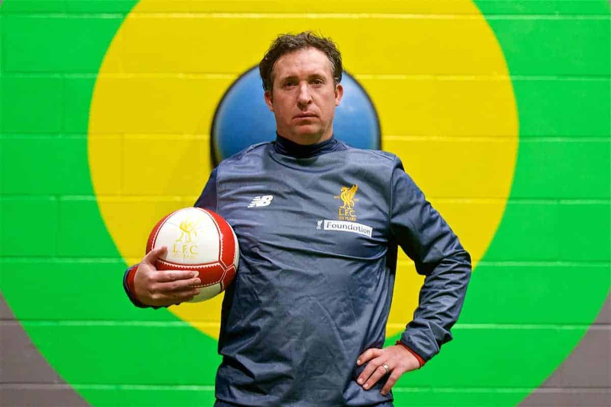 LIVERPOOL, ENGLAND - Wednesday, February 7, 2018: Robbie Fowler poses for a portrait during a media session at the Liverpool Academy ahead of the LFC Foundation charity match between a Liverpool FC Legends team and FC Bayern Munich Legends. (Pic by David Rawcliffe/Propaganda)