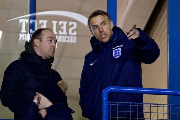 WIDNES, ENGLAND - Wednesday, February 7, 2018: New England national women's team manager Phil Neville before the FA Women's Super League 1 match between Liverpool Ladies FC and Arsenal Ladies FC at the Halton Stadium. (Pic by David Rawcliffe/Propaganda)