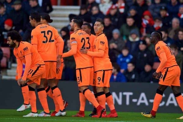 SOUTHAMPTON, ENGLAND - Sunday, February 11, 2018: Liverpool's Roberto Firmino celebrates scoring the first goal with team-mates during the FA Premier League match between Southampton FC and Liverpool FC at St. Mary's Stadium. (Pic by David Rawcliffe/Propaganda)