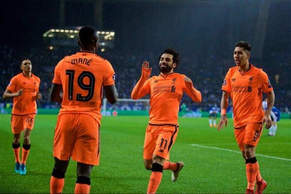 PORTO, PORTUGAL - Wednesday, February 14, 2018: Liverpool's Sadio Mane celebrates scoring the third goal with team-mates Mohamed Salah and Roberto Firmino during the UEFA Champions League Round of 16 1st leg match between FC Porto and Liverpool FC on Valentine's Day at the Estádio do Dragão. (Pic by David Rawcliffe/Propaganda)