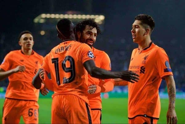 PORTO, PORTUGAL - Wednesday, February 14, 2018: Liverpool's Sadio Mane celebrates scoring the third goal with team-mates Mohamed Salah and Roberto Firmino during the UEFA Champions League Round of 16 1st leg match between FC Porto and Liverpool FC on Valentine's Day at the Est·dio do Drag„o. (Pic by David Rawcliffe/Propaganda)