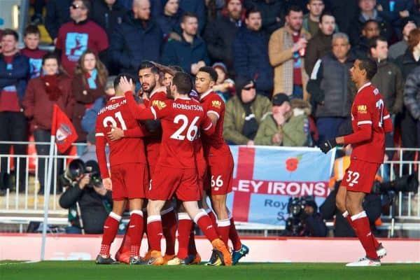 LIVERPOOL, ENGLAND - Saturday, February 24, 2018: Liverpool's Emre Can celebrates scoring the first goal with team-mates during the FA Premier League match between Liverpool FC and West Ham United FC at Anfield. (Pic by David Rawcliffe/Propaganda)