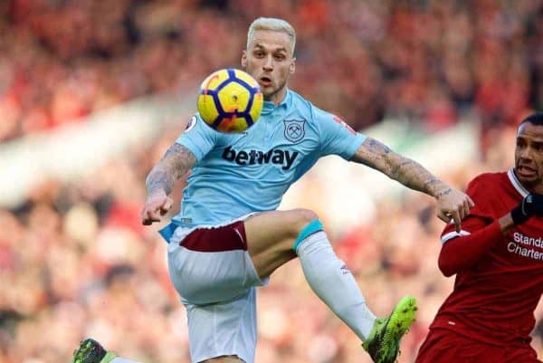 LIVERPOOL, ENGLAND - Saturday, February 24, 2018: West Ham United's Marko Arnautovic during the FA Premier League match between Liverpool FC and West Ham United FC at Anfield. (Pic by David Rawcliffe/Propaganda)