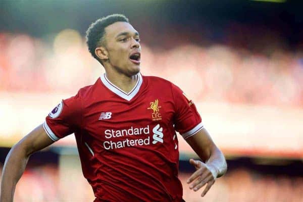 LIVERPOOL, ENGLAND - Saturday, February 24, 2018: Liverpool's Trent Alexander-Arnold during the FA Premier League match between Liverpool FC and West Ham United FC at Anfield. (Pic by David Rawcliffe/Propaganda)