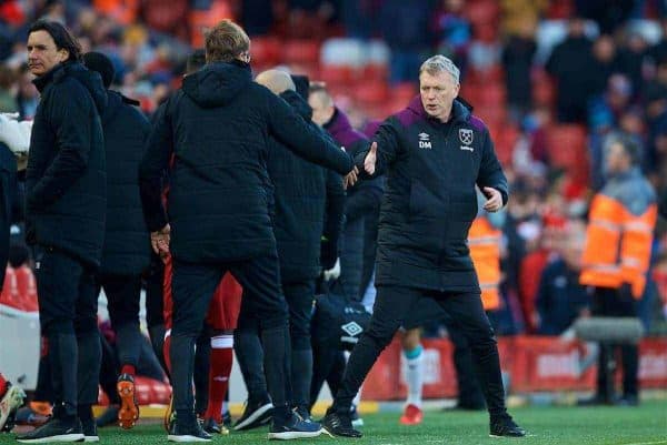 LIVERPOOL, ENGLAND - Saturday, February 24, 2018: West Ham United's manager David Moyes shakes hands with Liverpool's manager Jürgen Klopp after the FA Premier League match between Liverpool FC and West Ham United FC at Anfield. (Pic by David Rawcliffe/Propaganda)