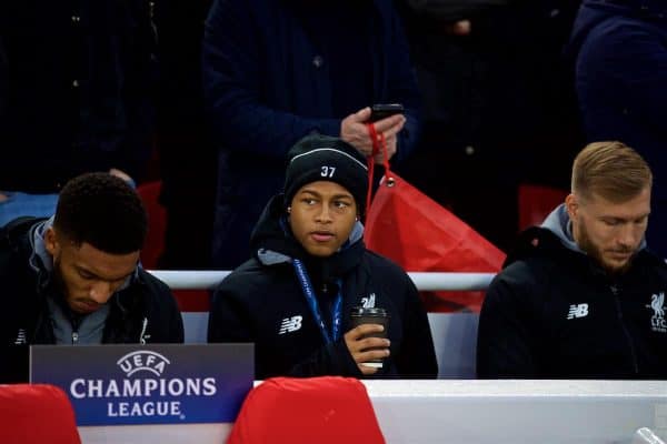 LIVERPOOL, ENGLAND - Wednesday, April 4, 2018: Liverpool's unused player Rhian Brewster before the UEFA Champions League Quarter-Final 1st Leg match between Liverpool FC and Manchester City FC at Anfield. (Pic by David Rawcliffe/Propaganda)